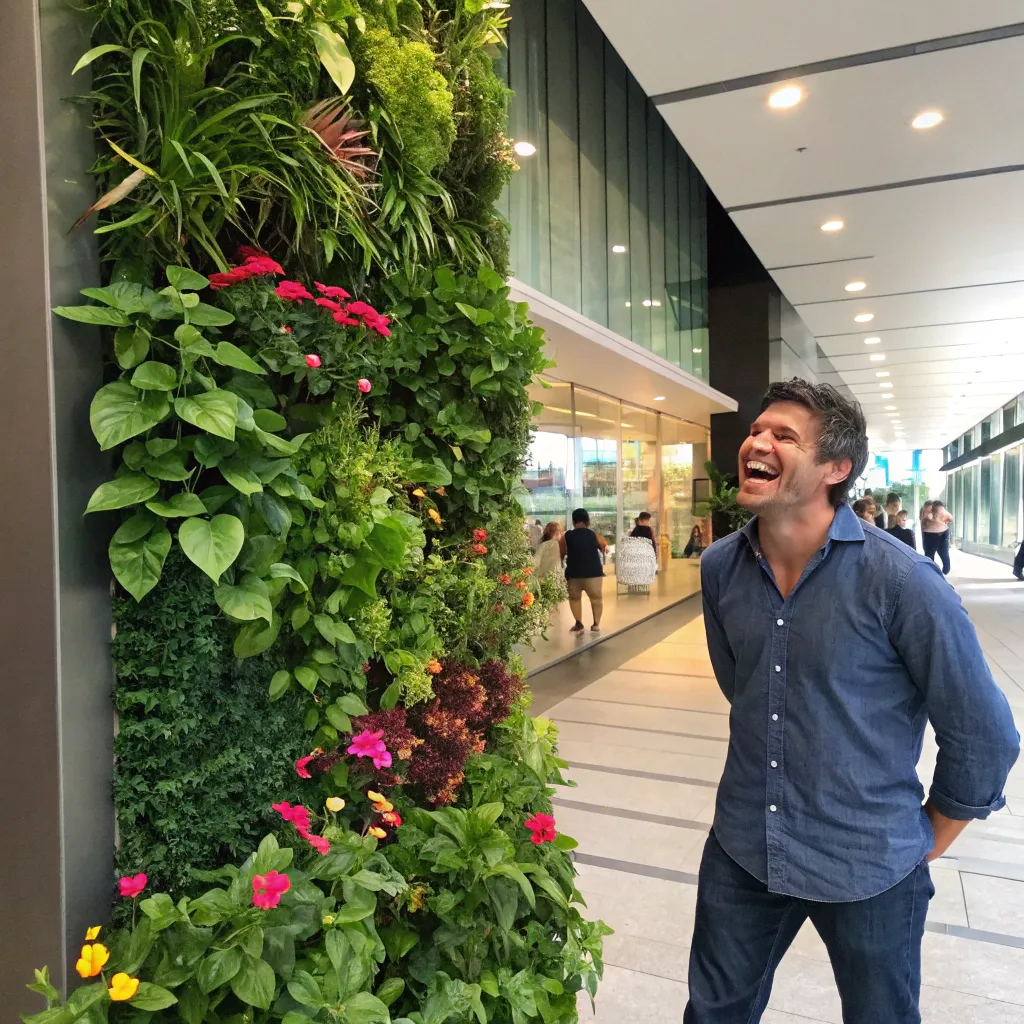 Happy man with a vertical garden