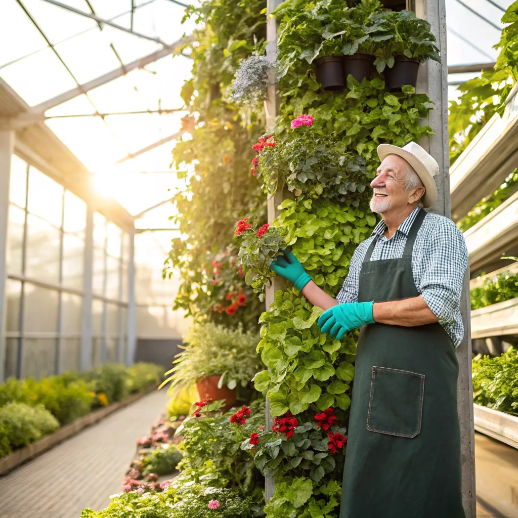 Senior gardener with a vertical garden