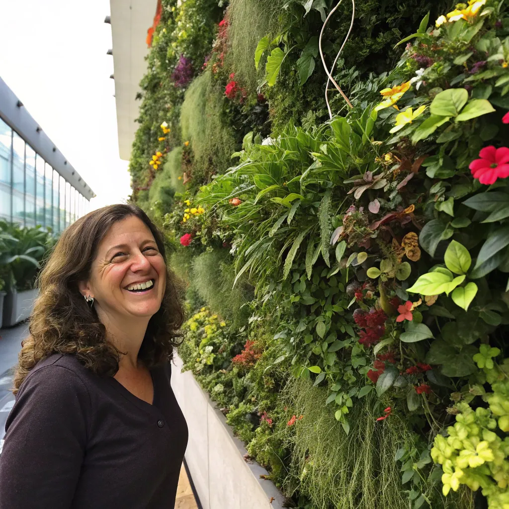 Smiling woman with a vertical garden