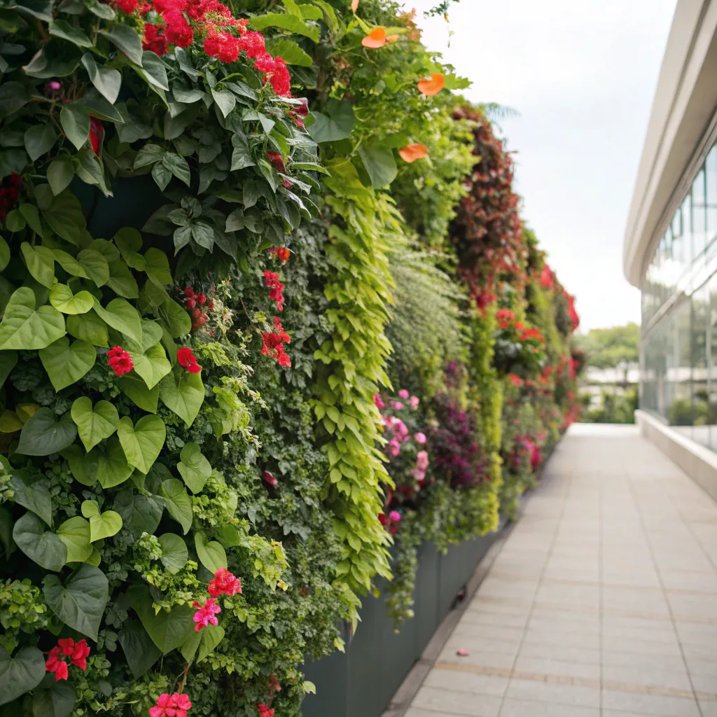 Image of a lush vertical garden showcasing a variety of plants